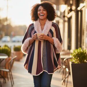 Banana Republic Faux Fur Collar Open Front Poncho Womens M Jacket Outwear